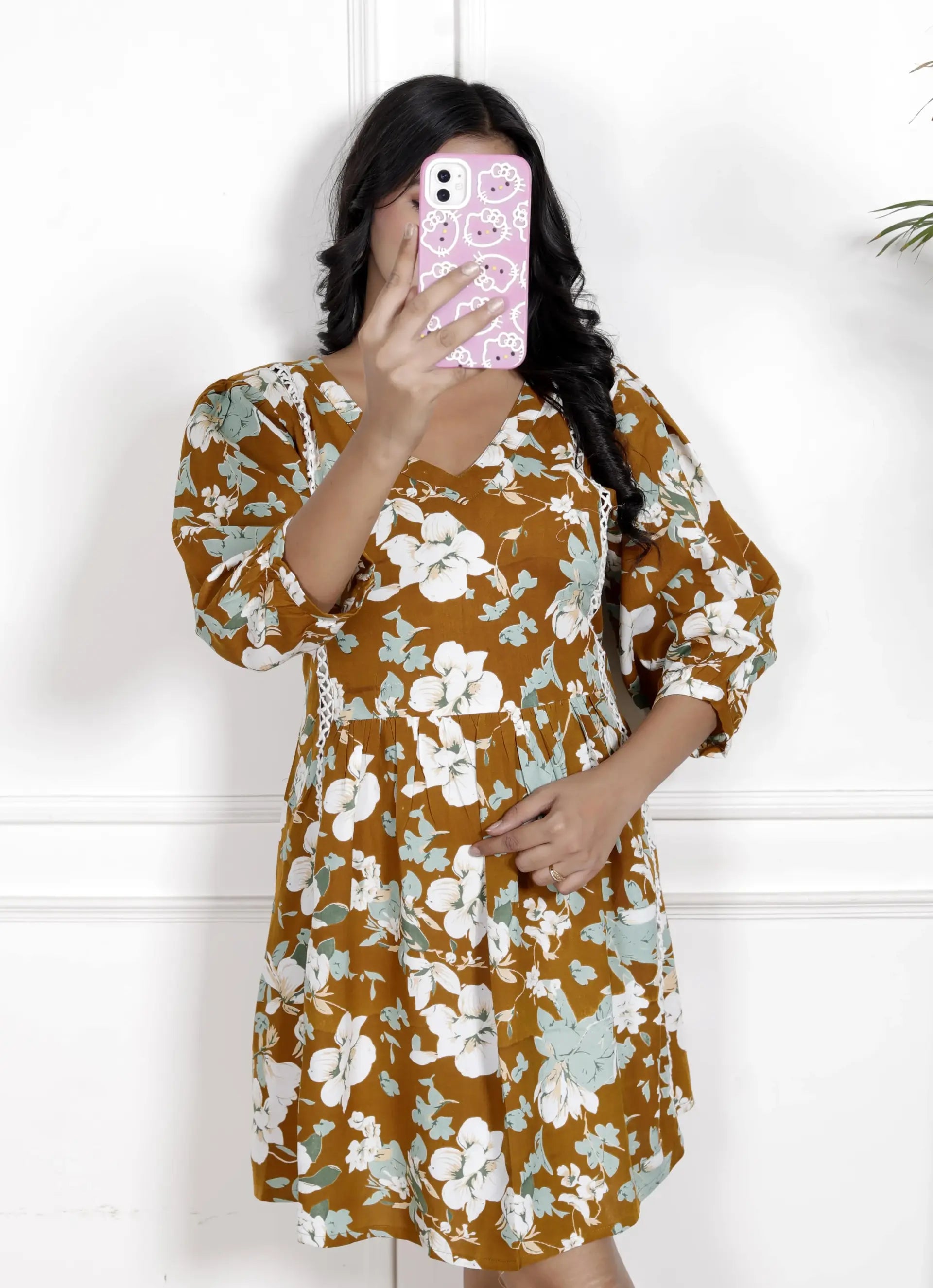 Mustard Floral Puff Sleeve Tunic Top for Women | Flowy & Feminine – Lamenda