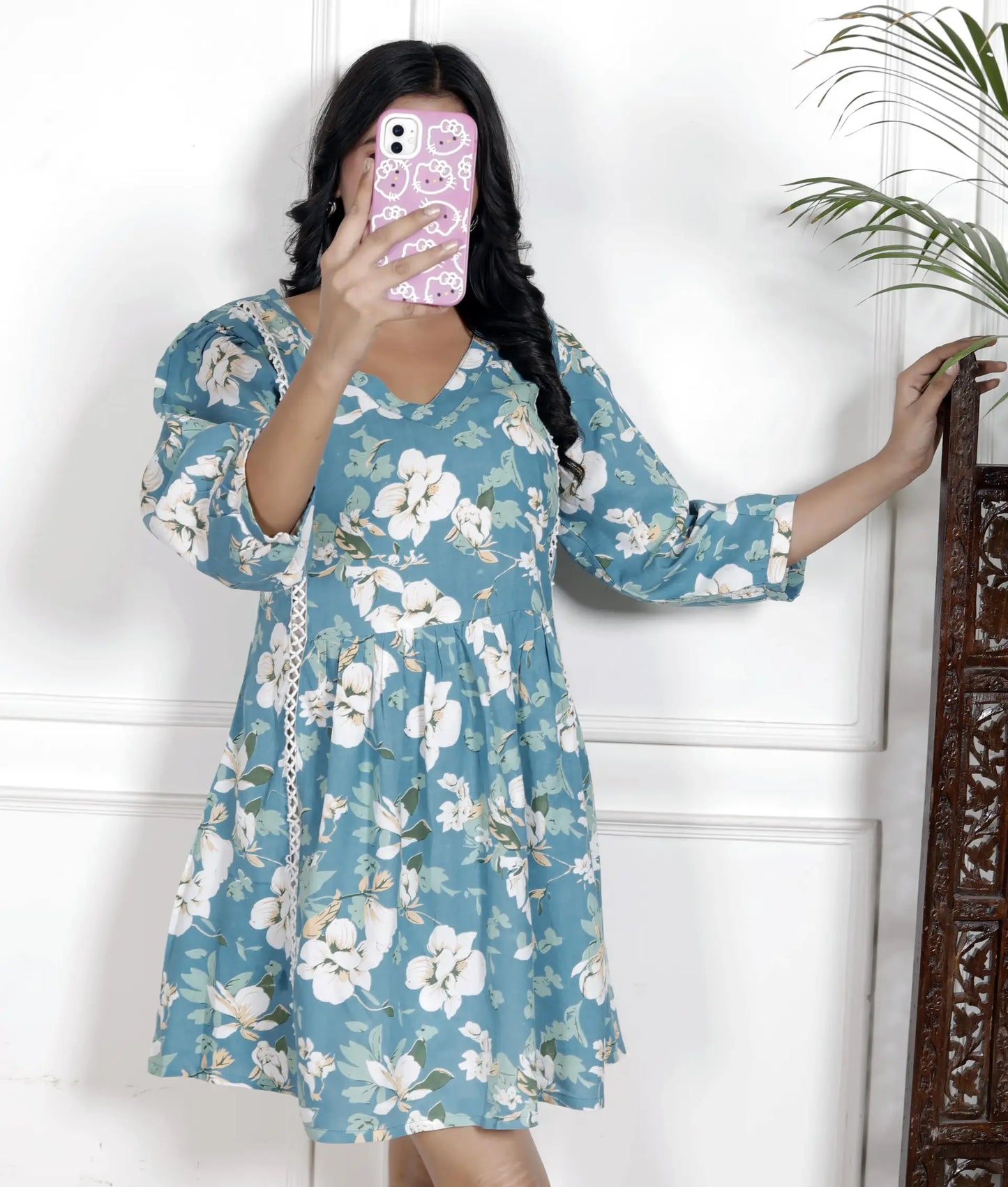 Teal Blue Floral Tunic Top with Puff Sleeves & Lace Detail | Breezy & Elegant – Lamenda
