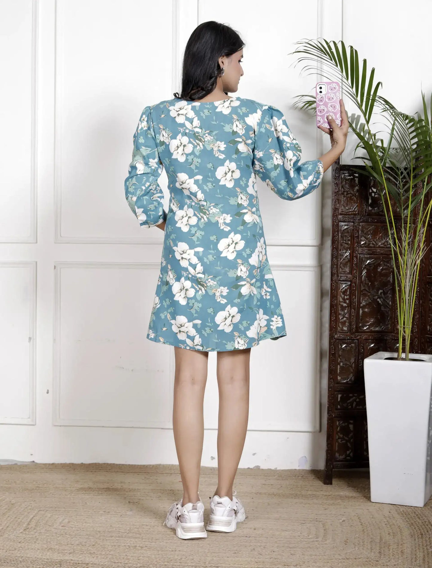 Teal Blue Floral Tunic Top with Puff Sleeves & Lace Detail | Breezy & Elegant – Lamenda