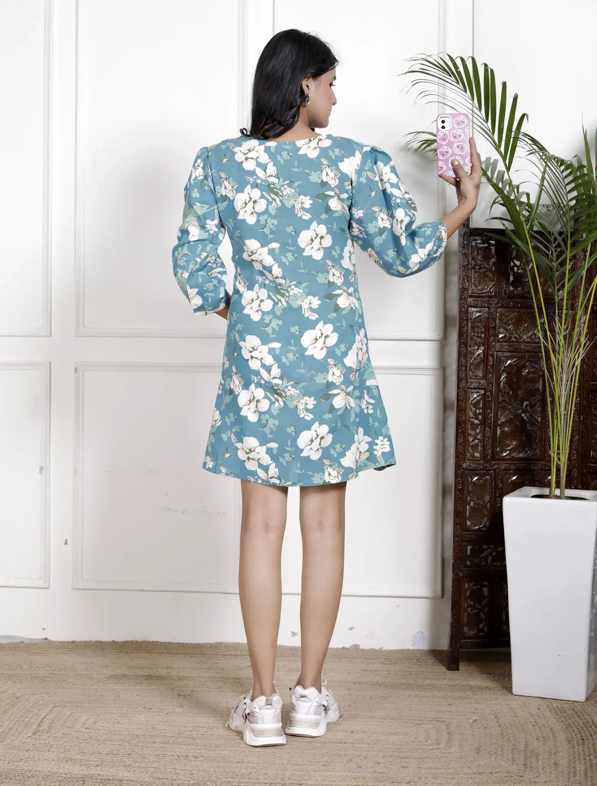 Teal Blue Floral Tunic Top with Puff Sleeves & Lace Detail | Breezy & Elegant – Lamenda