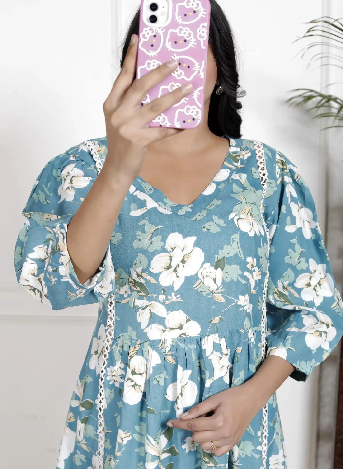 Teal Blue Floral Tunic Top with Puff Sleeves & Lace Detail | Breezy & Elegant – Lamenda