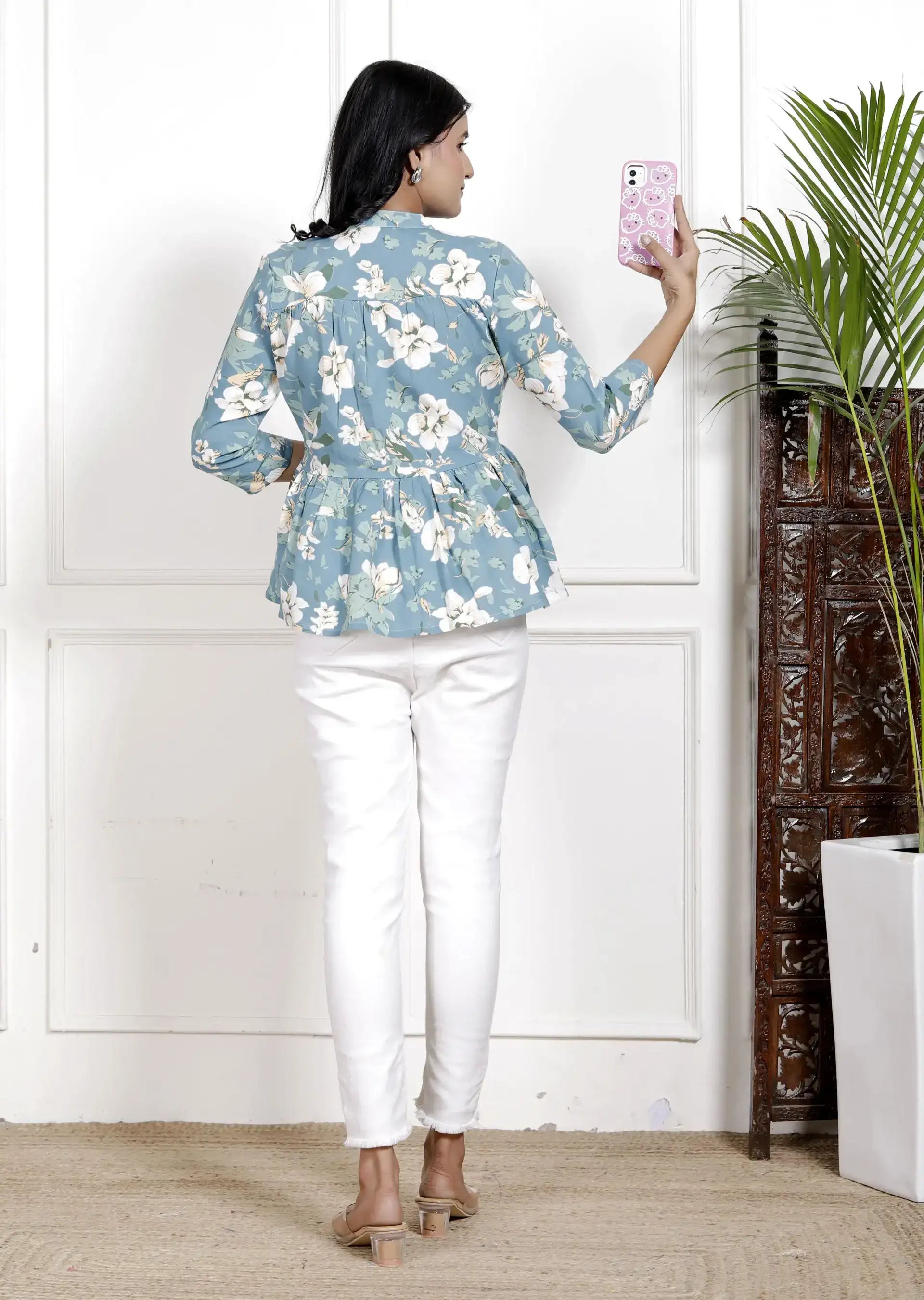Blue Floral Printed Cotton Shirt with Peplum Hem & 3/4 Sleeves | Elegant Everyday Wear – Lamenda