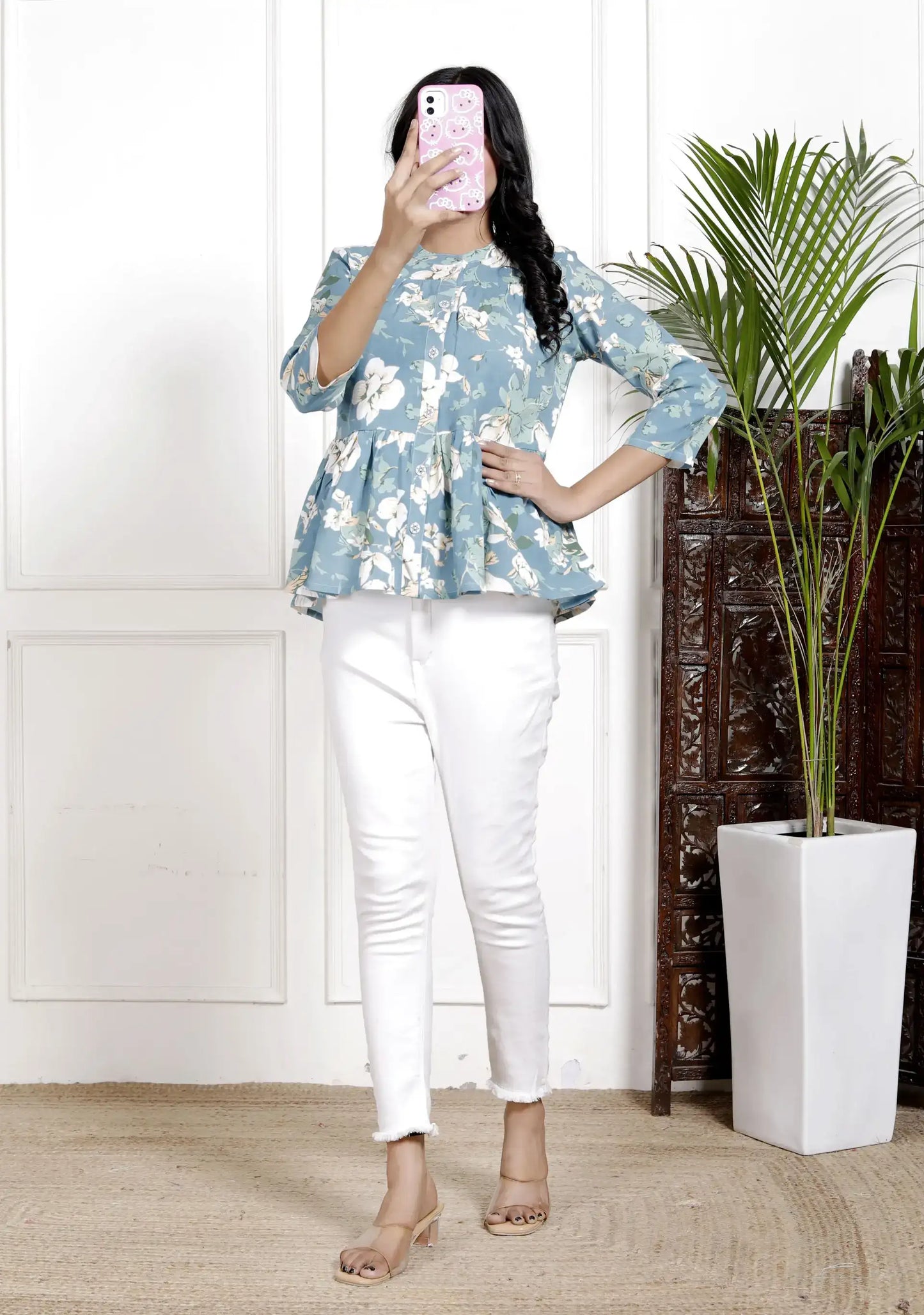 Blue Floral Printed Cotton Shirt with Peplum Hem & 3/4 Sleeves | Elegant Everyday Wear – Lamenda