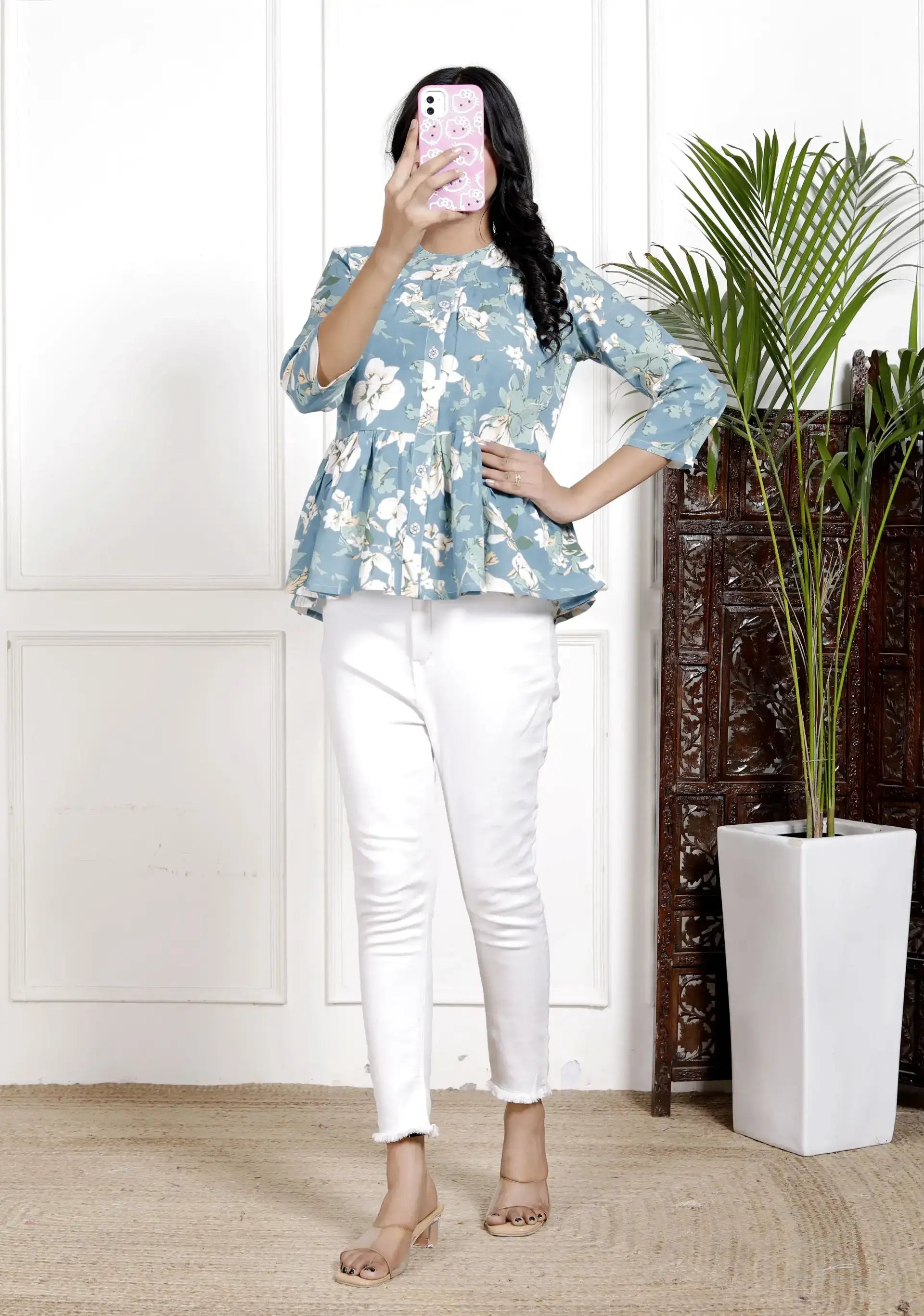 Blue Floral Printed Cotton Shirt with Peplum Hem & 3/4 Sleeves | Elegant Everyday Wear – Lamenda
