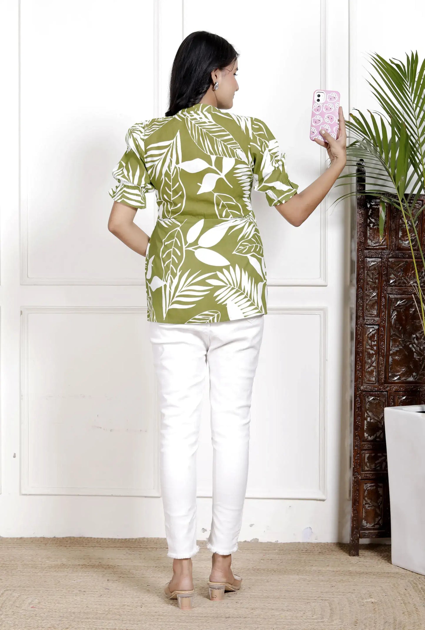 Green Leaf Print Peplum Shirt with Puff Sleeves & Button-Down Front | Breezy Cotton Casualwear – Lamenda