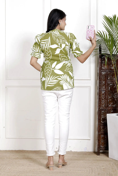 Green Leaf Print Peplum Shirt with Puff Sleeves & Button-Down Front | Breezy Cotton Casualwear – Lamenda