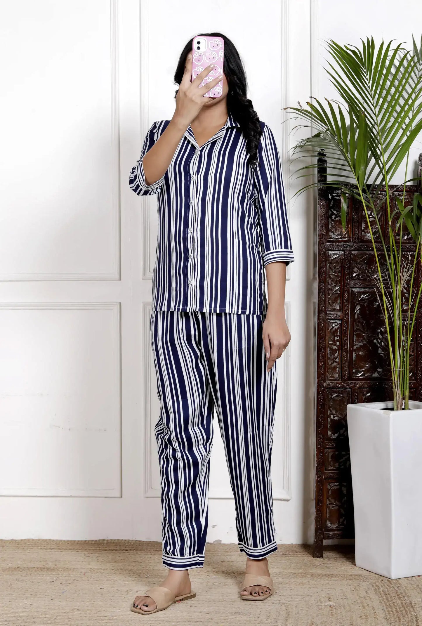 Navy Blue & White Striped Cotton Nightsuit with Shirt Collar & 3/4 Sleeves | Relaxed Fit Sleepwear Set – Lamenda