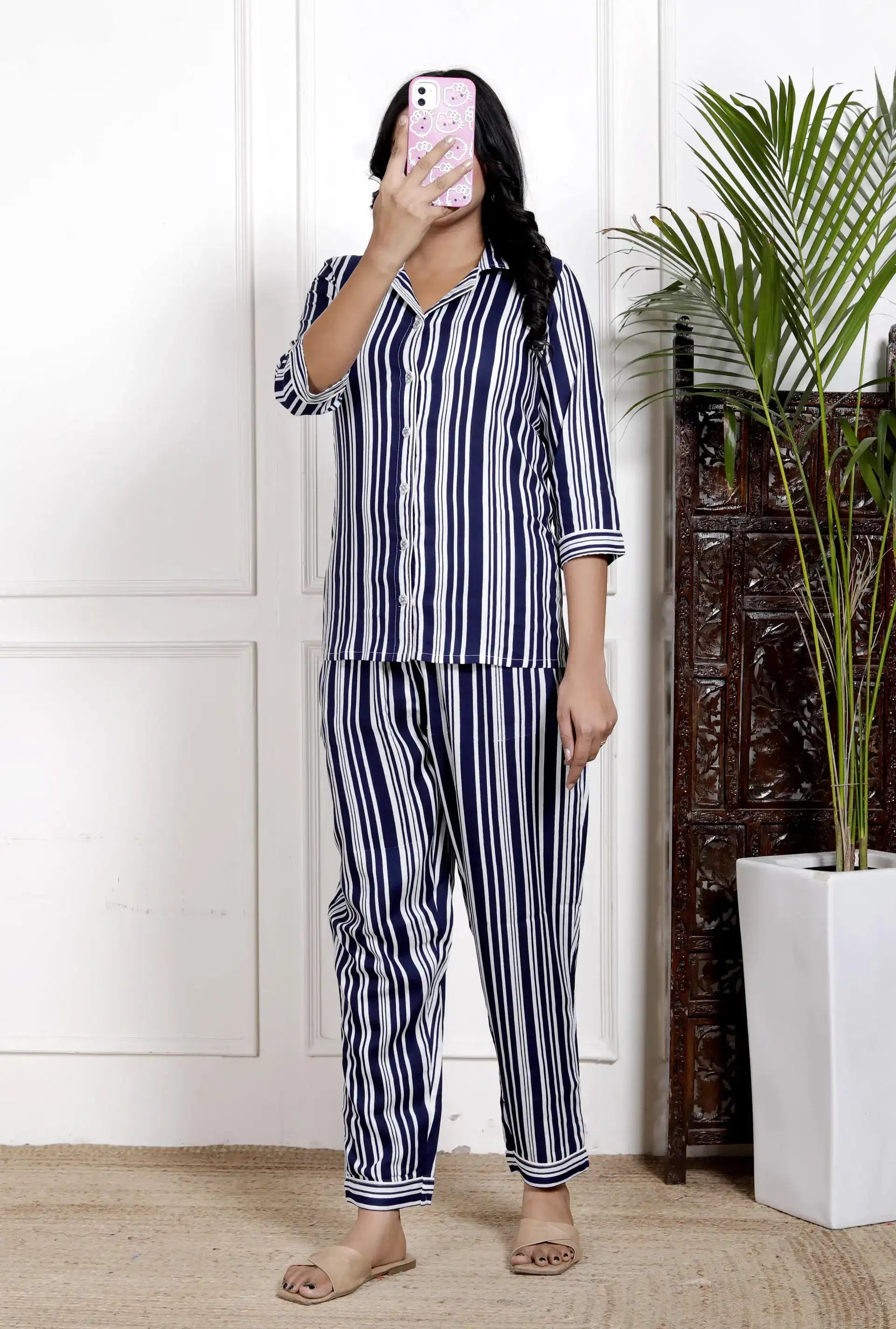 Navy Blue & White Striped Cotton Nightsuit with Shirt Collar & 3/4 Sleeves | Relaxed Fit Sleepwear Set – Lamenda