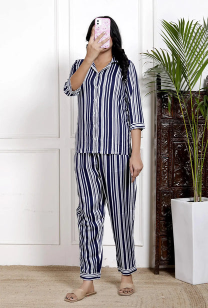 Navy Blue & White Striped Cotton Nightsuit with Shirt Collar & 3/4 Sleeves | Relaxed Fit Sleepwear Set – Lamenda