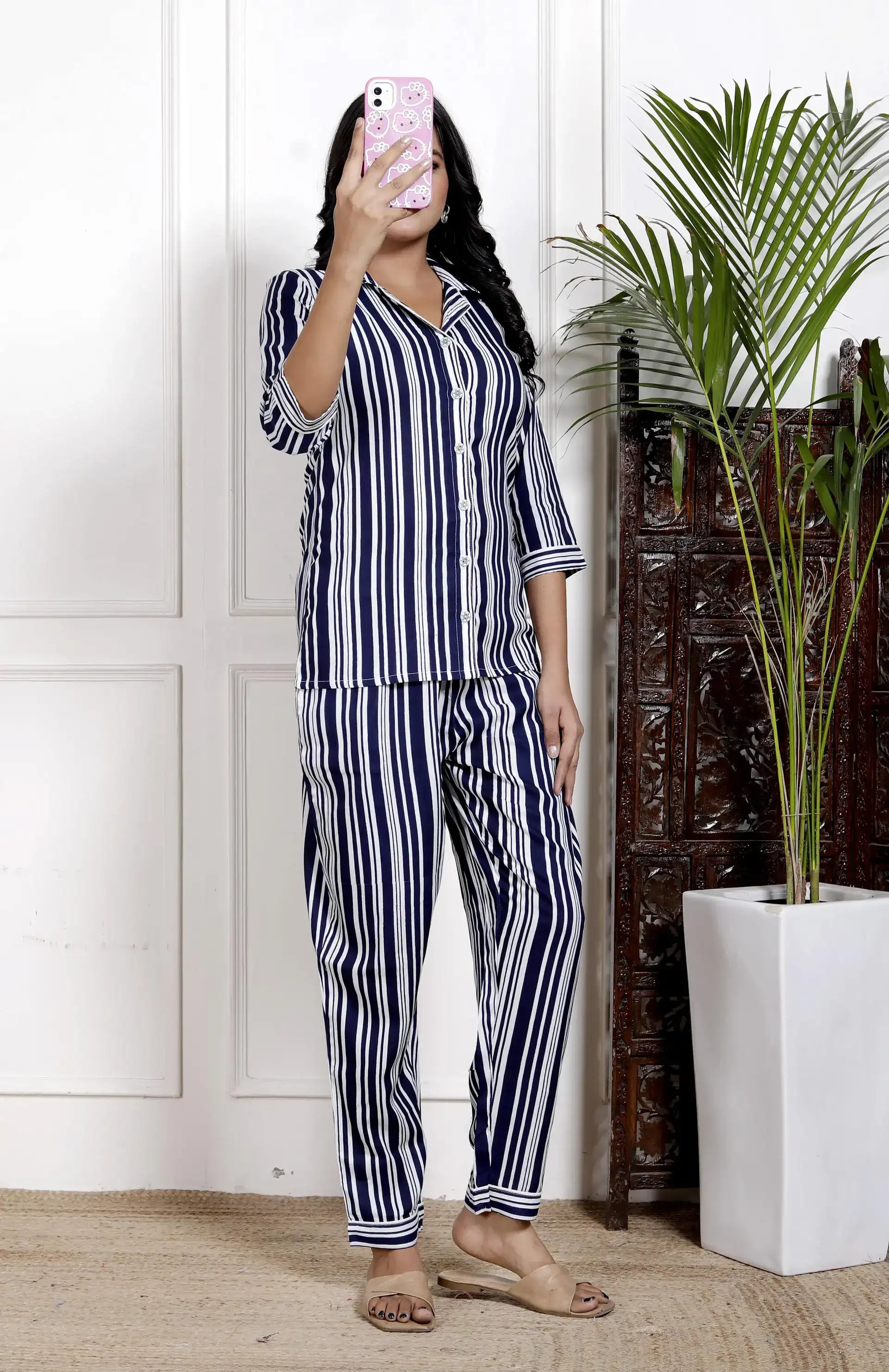 Navy Blue & White Striped Cotton Nightsuit with Shirt Collar & 3/4 Sleeves | Relaxed Fit Sleepwear Set – Lamenda