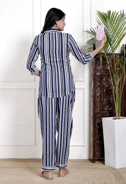 Navy Blue & White Striped Cotton Nightsuit with Shirt Collar & 3/4 Sleeves | Relaxed Fit Sleepwear Set – Lamenda