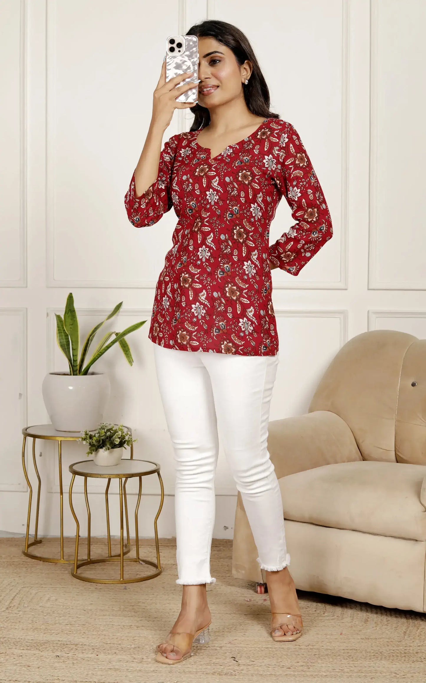 Red Floral Cotton Kurti with 3/4 Sleeves & Round Neck | Elegant Everyday Top – Lamenda