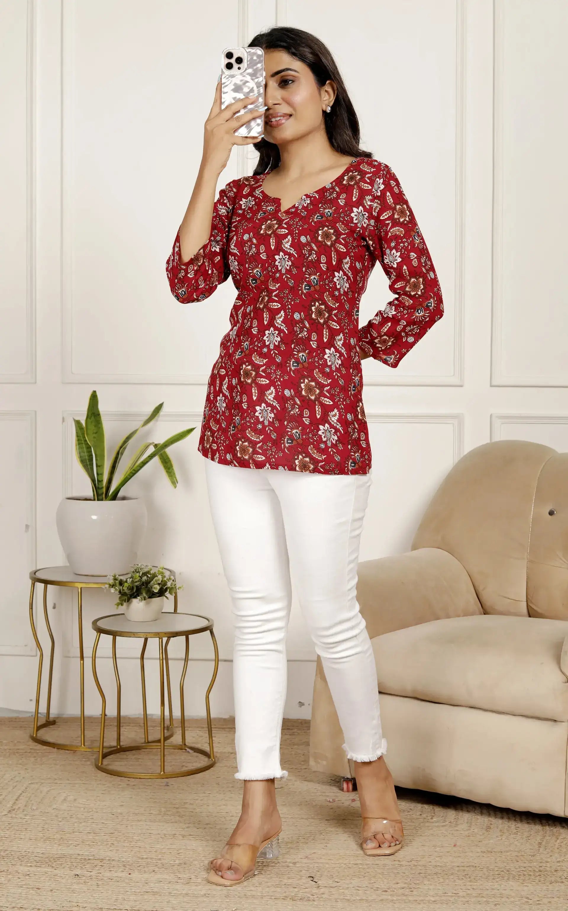 Red Floral Cotton Kurti with 3/4 Sleeves & Round Neck | Elegant Everyday Top – Lamenda