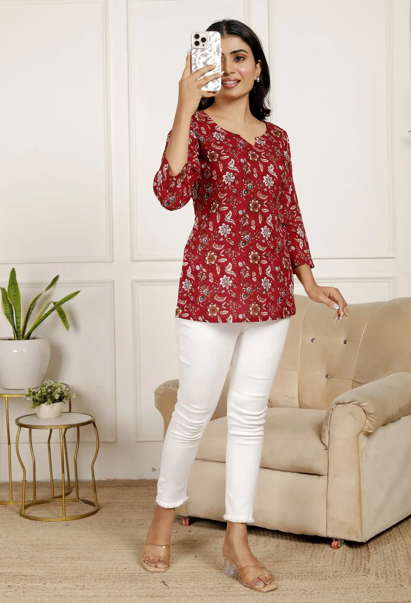 Red Floral Cotton Kurti with 3/4 Sleeves & Round Neck | Elegant Everyday Top – Lamenda