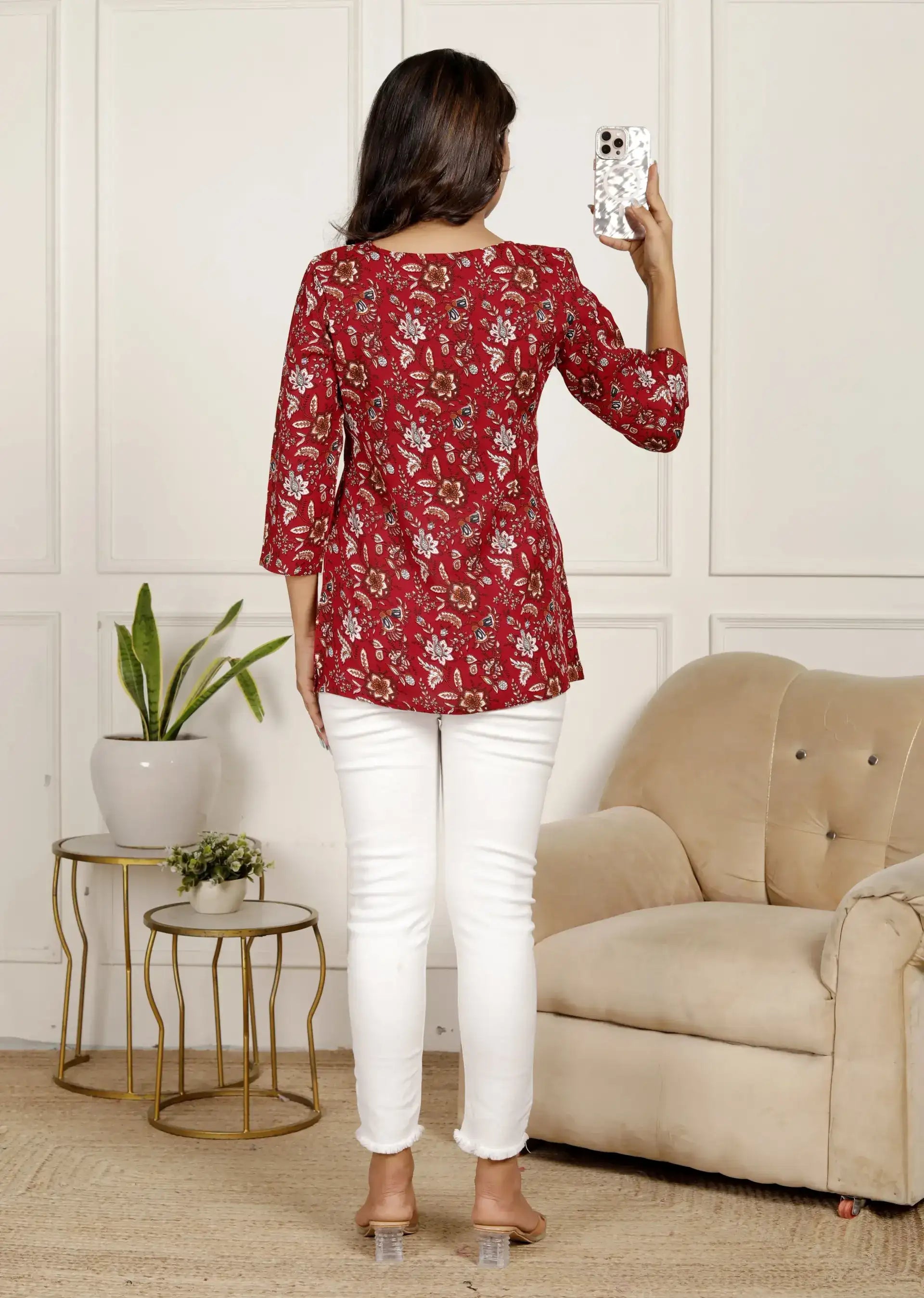 Red Floral Cotton Kurti with 3/4 Sleeves & Round Neck | Elegant Everyday Top – Lamenda