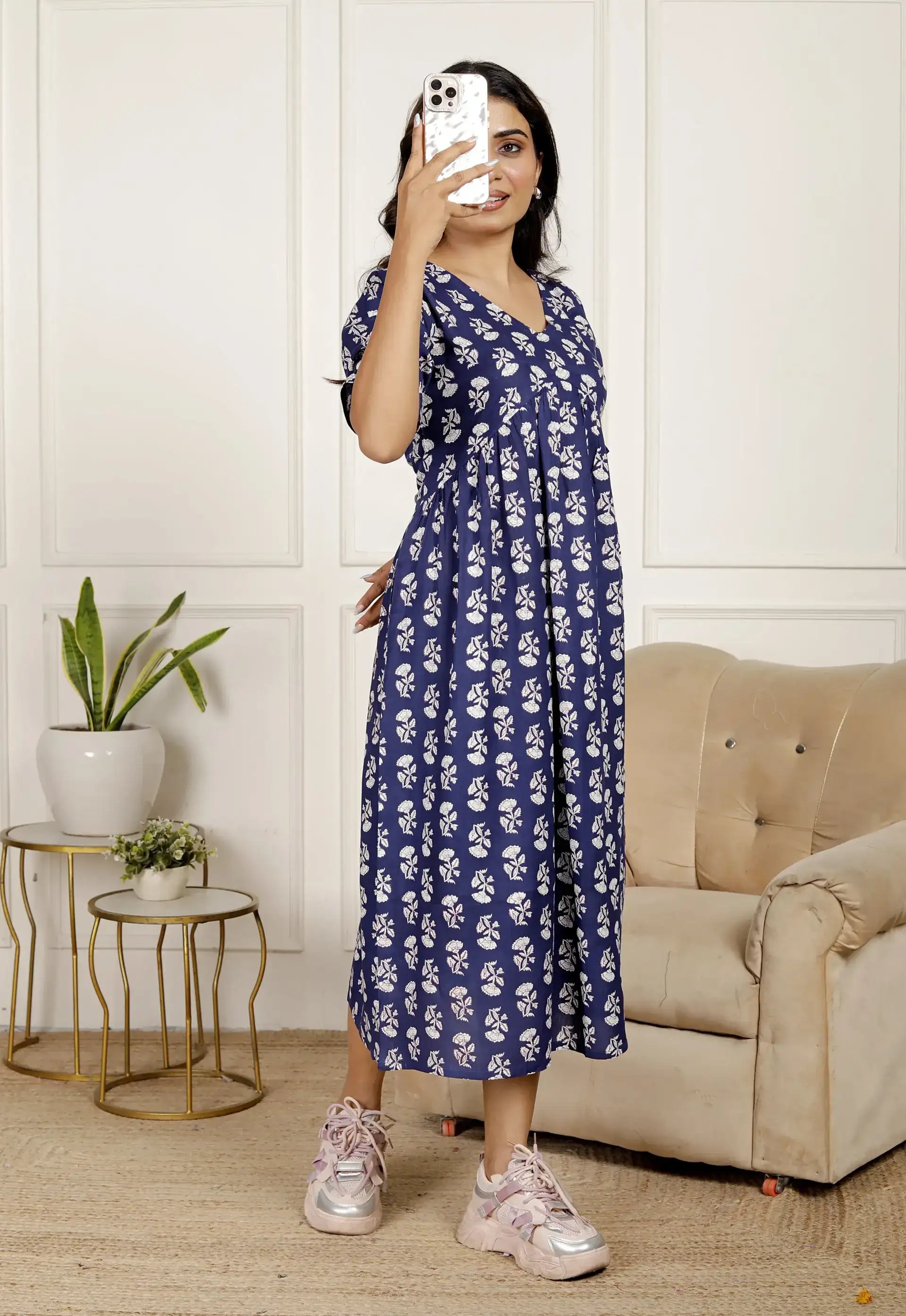 Navy Blue & White Floral Printed Midi Dress with Puff Sleeves & V-Neck | Effortless Everyday Style – Lamenda