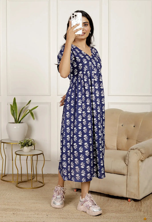 Navy Blue & White Floral Printed Midi Dress with Puff Sleeves & V-Neck | Effortless Everyday Style – Lamenda