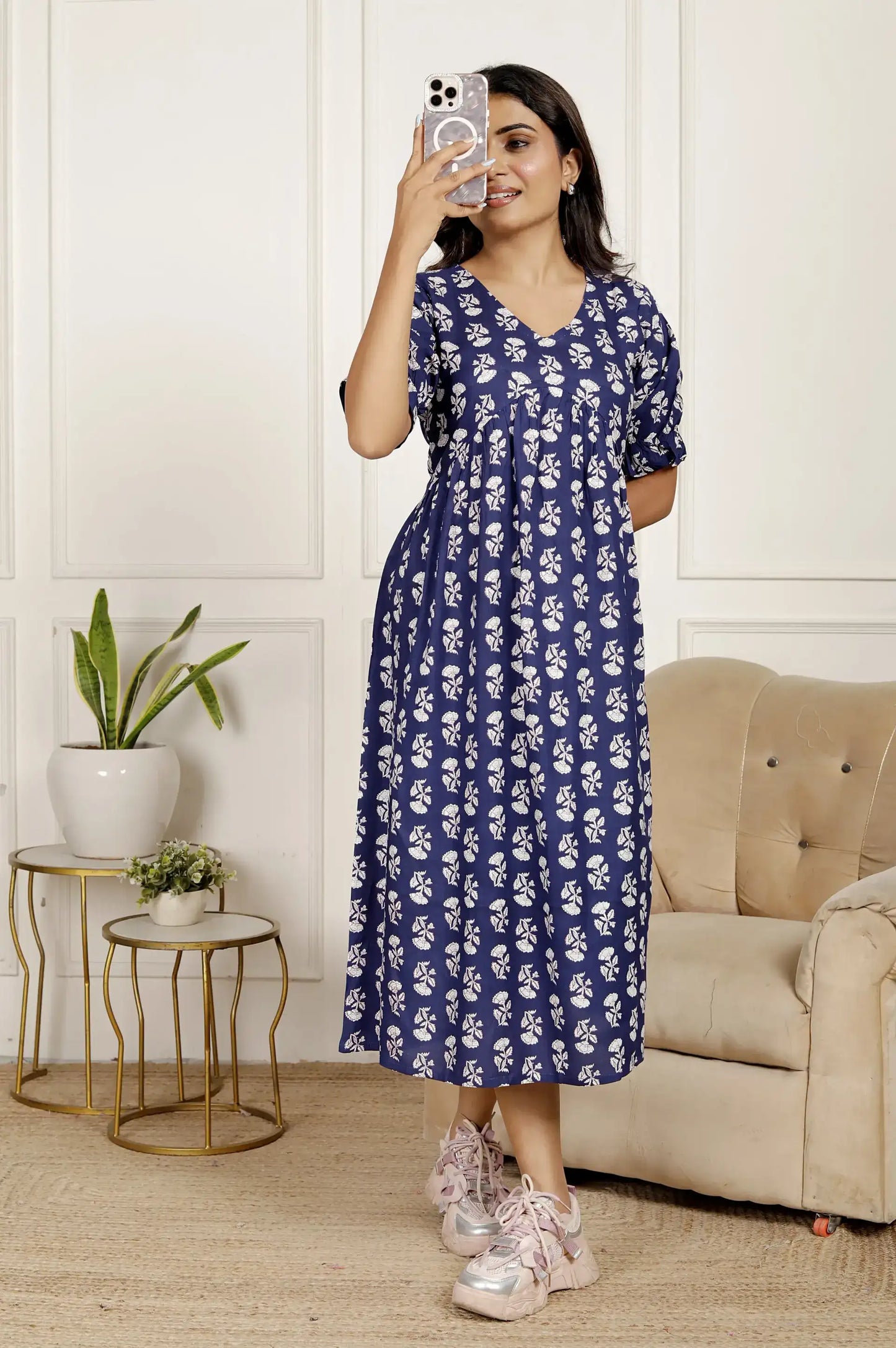 Navy Blue & White Floral Printed Midi Dress with Puff Sleeves & V-Neck | Effortless Everyday Style – Lamenda