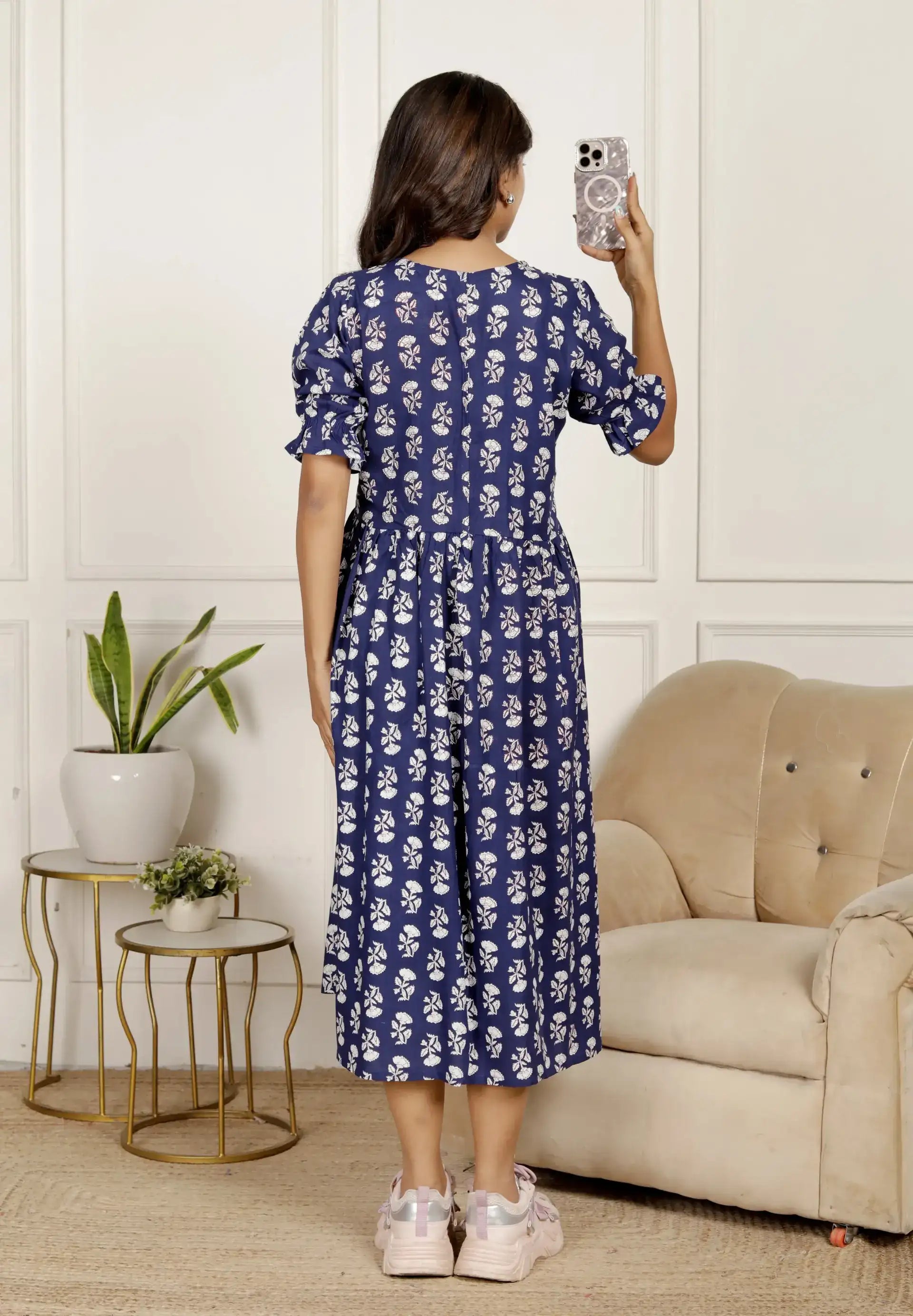 Navy Blue & White Floral Printed Midi Dress with Puff Sleeves & V-Neck | Effortless Everyday Style – Lamenda