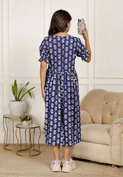 Navy Blue & White Floral Printed Midi Dress with Puff Sleeves & V-Neck | Effortless Everyday Style – Lamenda
