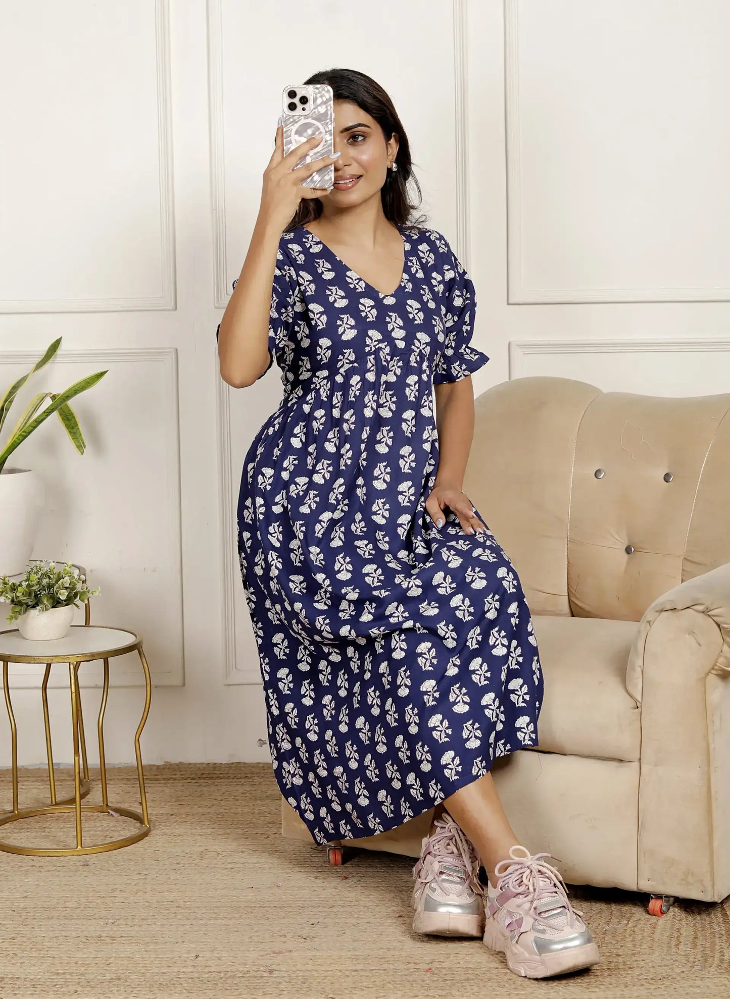 Navy Blue & White Floral Printed Midi Dress with Puff Sleeves & V-Neck | Effortless Everyday Style – Lamenda