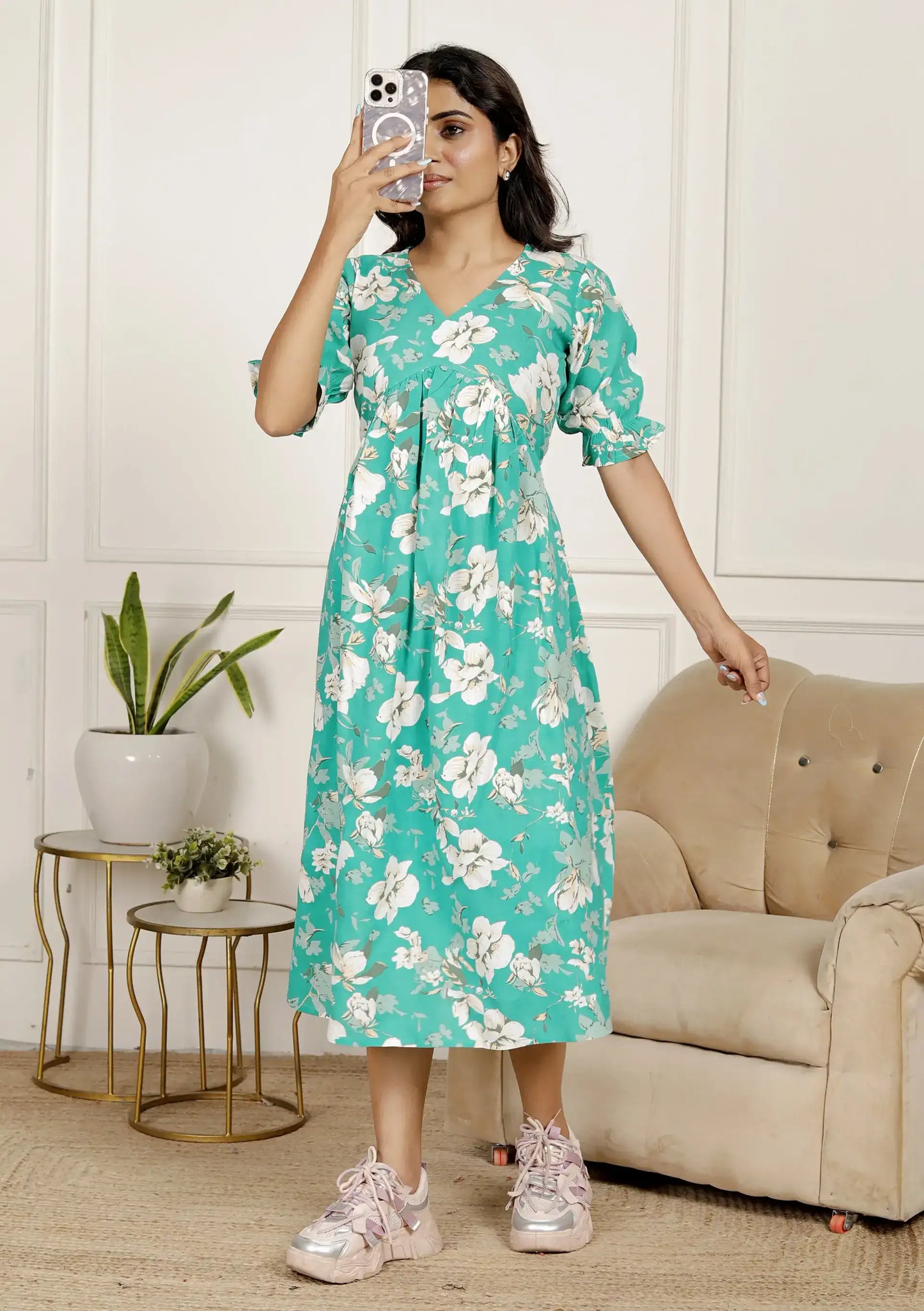 Green Floral Printed Flared Midi Dress with Puff Sleeves & V-Neck | Breezy Everyday Style – Lamenda