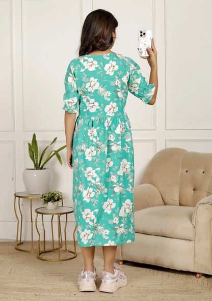 Green Floral Printed Flared Midi Dress with Puff Sleeves & V-Neck | Breezy Everyday Style – Lamenda
