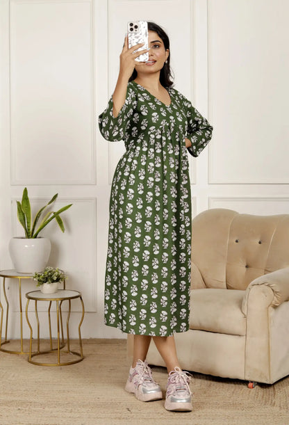 Olive Green Floral Midi Dress with V-Neck & 3/4 Sleeves | Effortless Everyday Style – Lamenda
