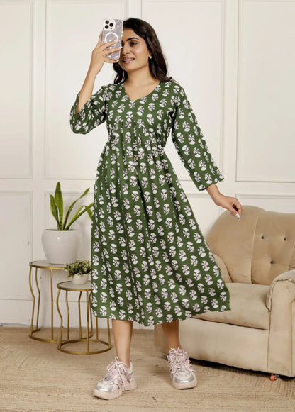 Olive Green Floral Midi Dress with V-Neck & 3/4 Sleeves | Effortless Everyday Style – Lamenda
