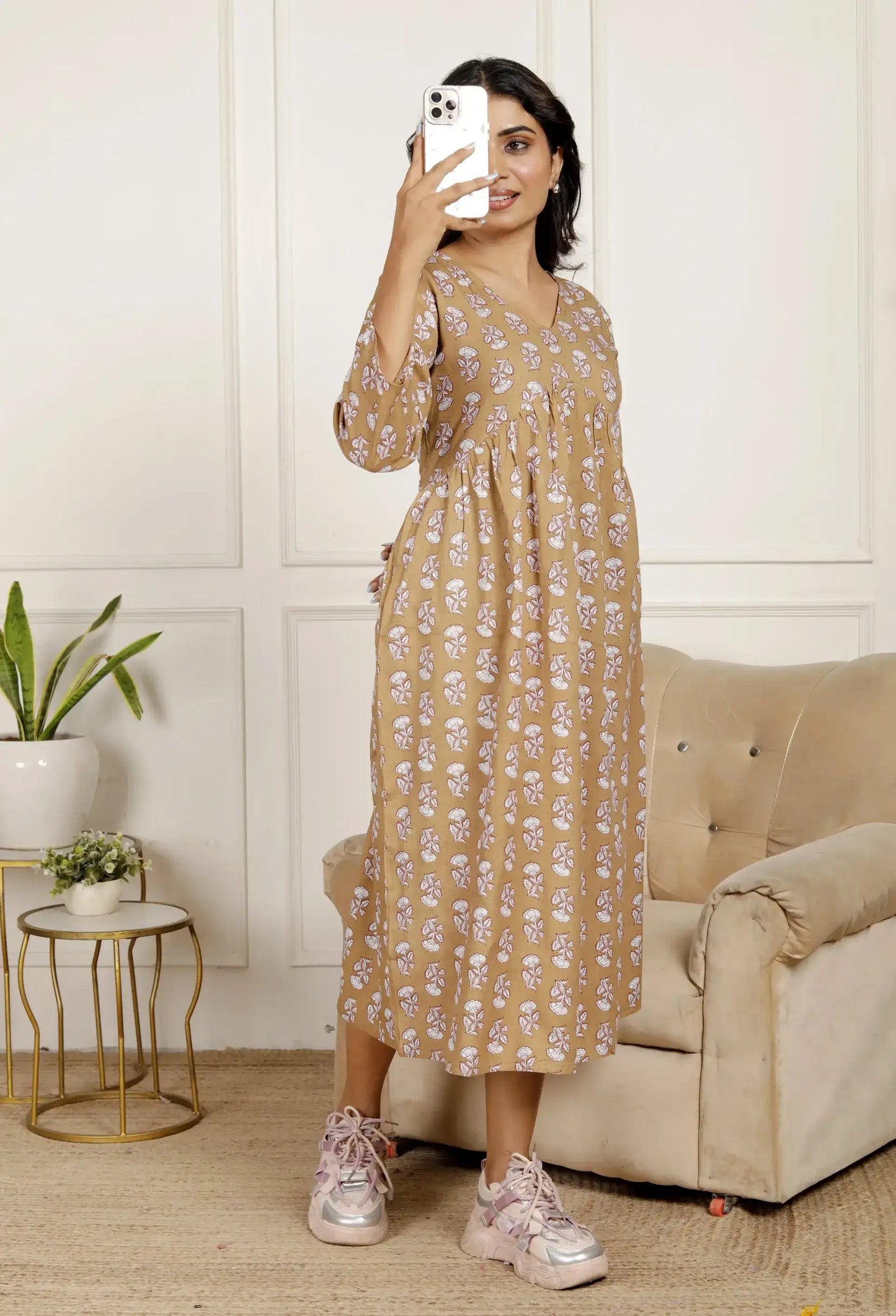 Beige Floral Print Midi Dress with V-Neck & 3/4 Sleeves | Effortless Chic Daily Wear – Lamenda
