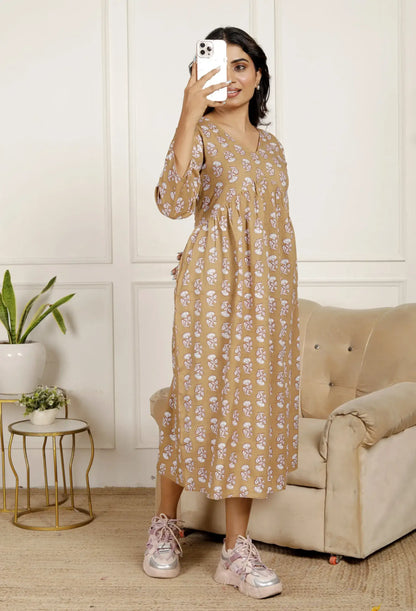 Beige Floral Print Midi Dress with V-Neck & 3/4 Sleeves | Effortless Chic Daily Wear – Lamenda