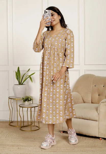 Beige Floral Print Midi Dress with V-Neck & 3/4 Sleeves | Effortless Chic Daily Wear – Lamenda