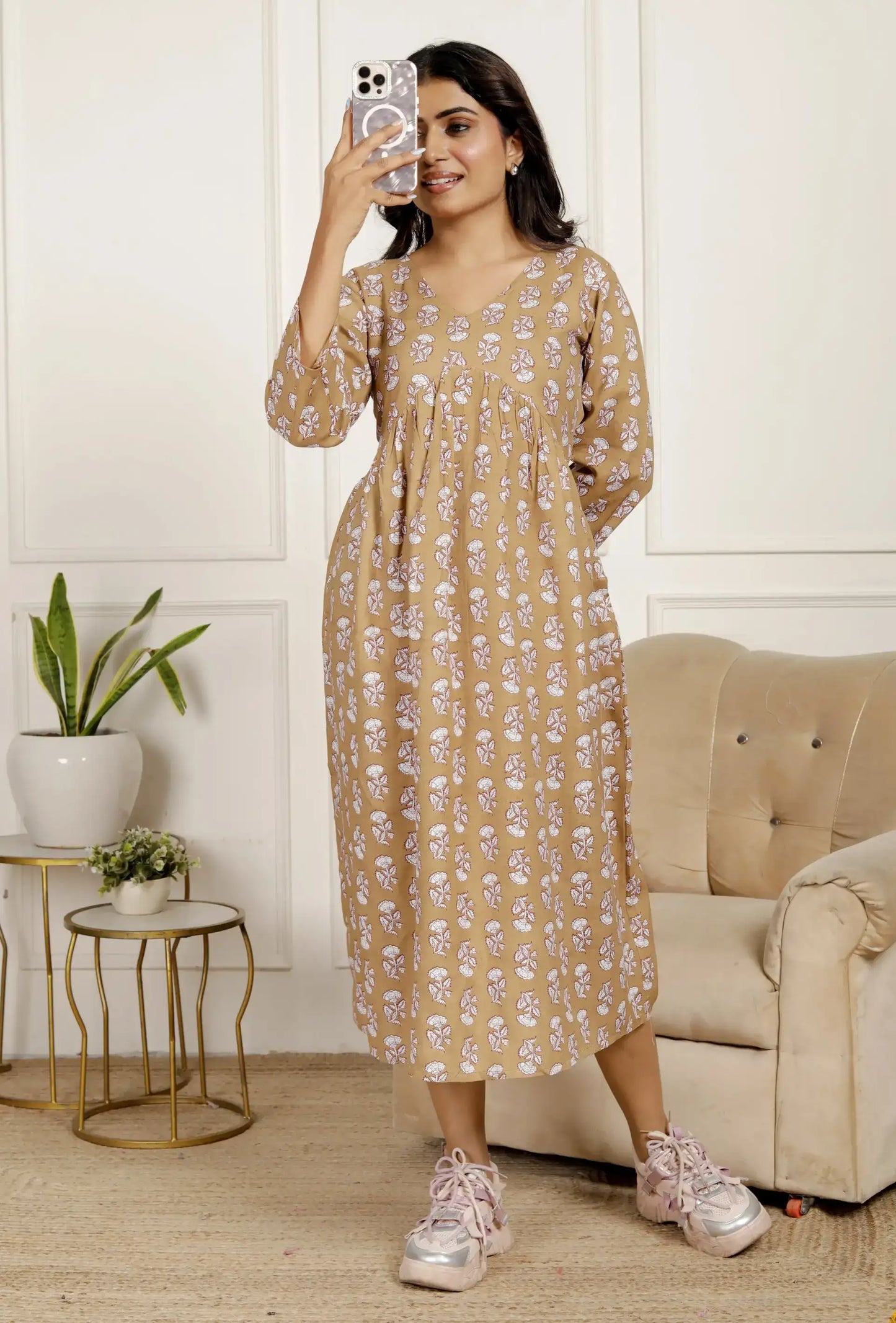 Beige Floral Print Midi Dress with V-Neck & 3/4 Sleeves | Effortless Chic Daily Wear – Lamenda