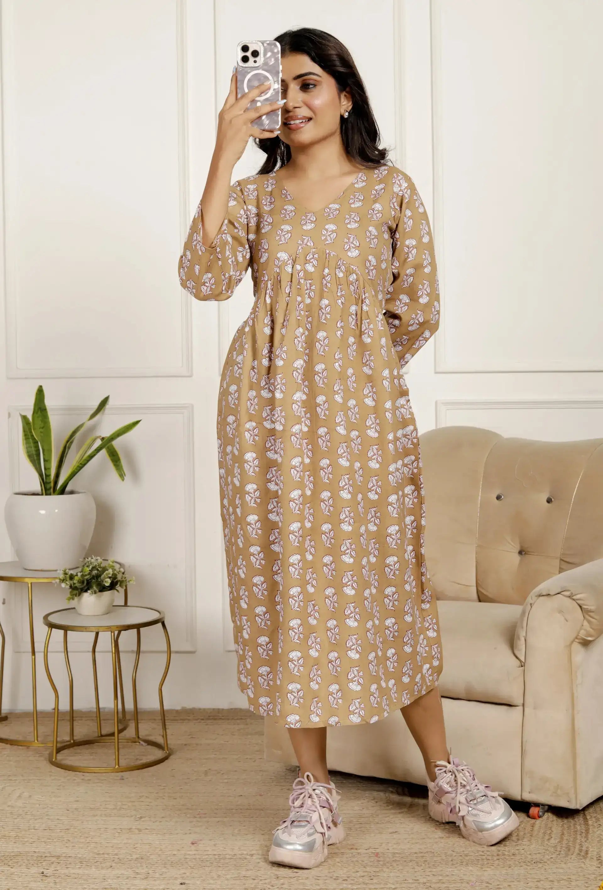 Beige Floral Print Midi Dress with V-Neck & 3/4 Sleeves | Effortless Chic Daily Wear – Lamenda