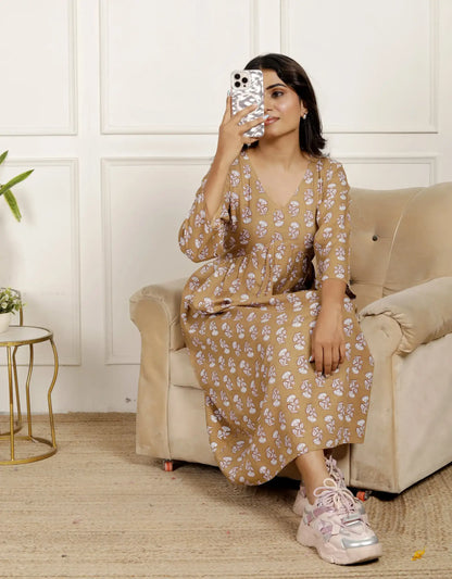 Beige Floral Print Midi Dress with V-Neck & 3/4 Sleeves | Effortless Chic Daily Wear – Lamenda