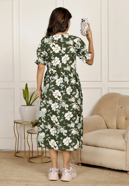 Olive Green Floral Fit & Flare Midi Dress with Puff Sleeves & V-Neck | Breezy Summer Style – Lamenda