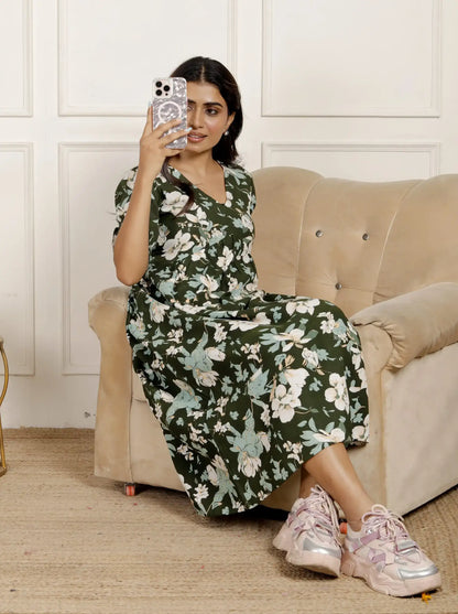 Olive Green Floral Fit & Flare Midi Dress with Puff Sleeves & V-Neck | Breezy Summer Style – Lamenda