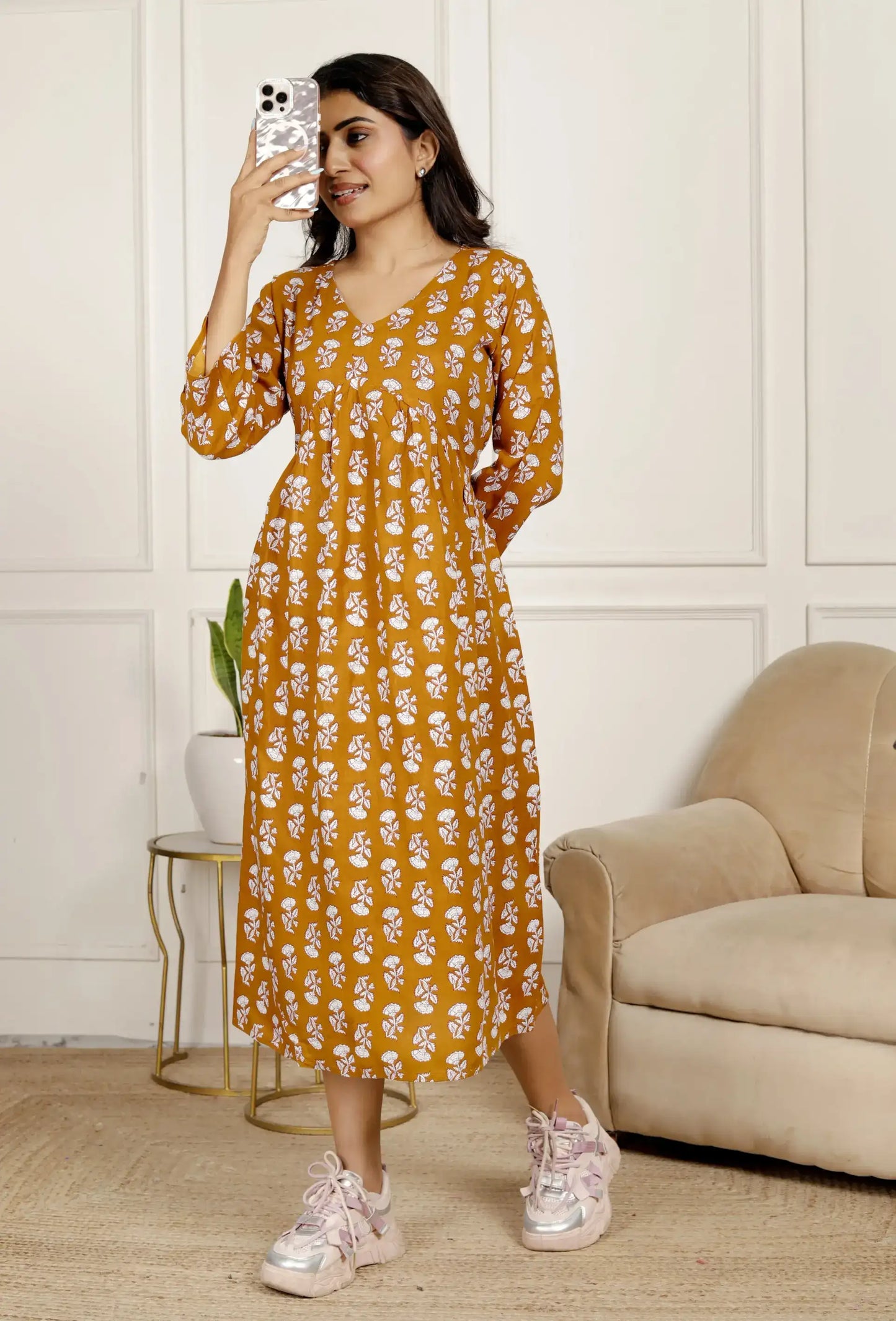 Mustard Yellow Hand-Block Print Fit & Flare Midi Dress with 3/4 Sleeves & V-Neck | Everyday Comfort – Lamenda