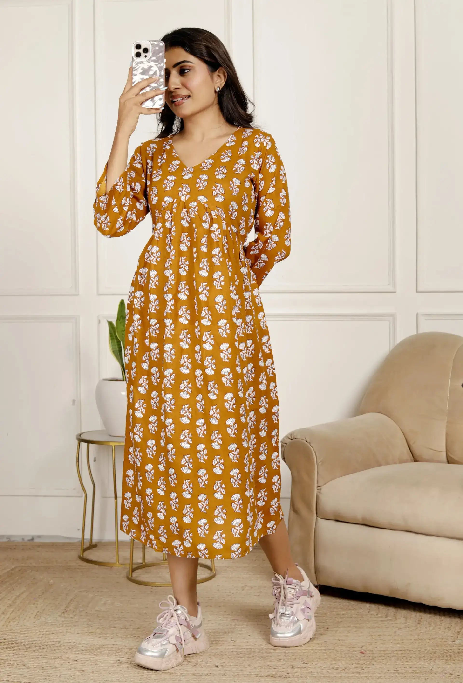 Mustard Yellow Hand-Block Print Fit & Flare Midi Dress with 3/4 Sleeves & V-Neck | Everyday Comfort – Lamenda