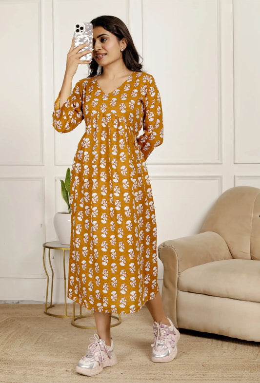 Mustard Yellow Hand-Block Print Fit & Flare Midi Dress with 3/4 Sleeves & V-Neck | Everyday Comfort – Lamenda