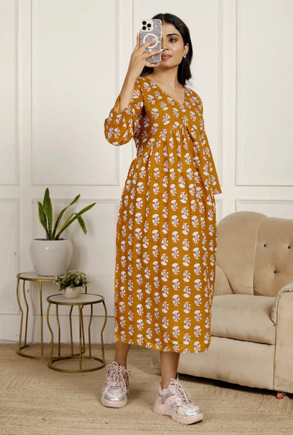 Mustard Yellow Hand-Block Print Fit & Flare Midi Dress with 3/4 Sleeves & V-Neck | Everyday Comfort – Lamenda