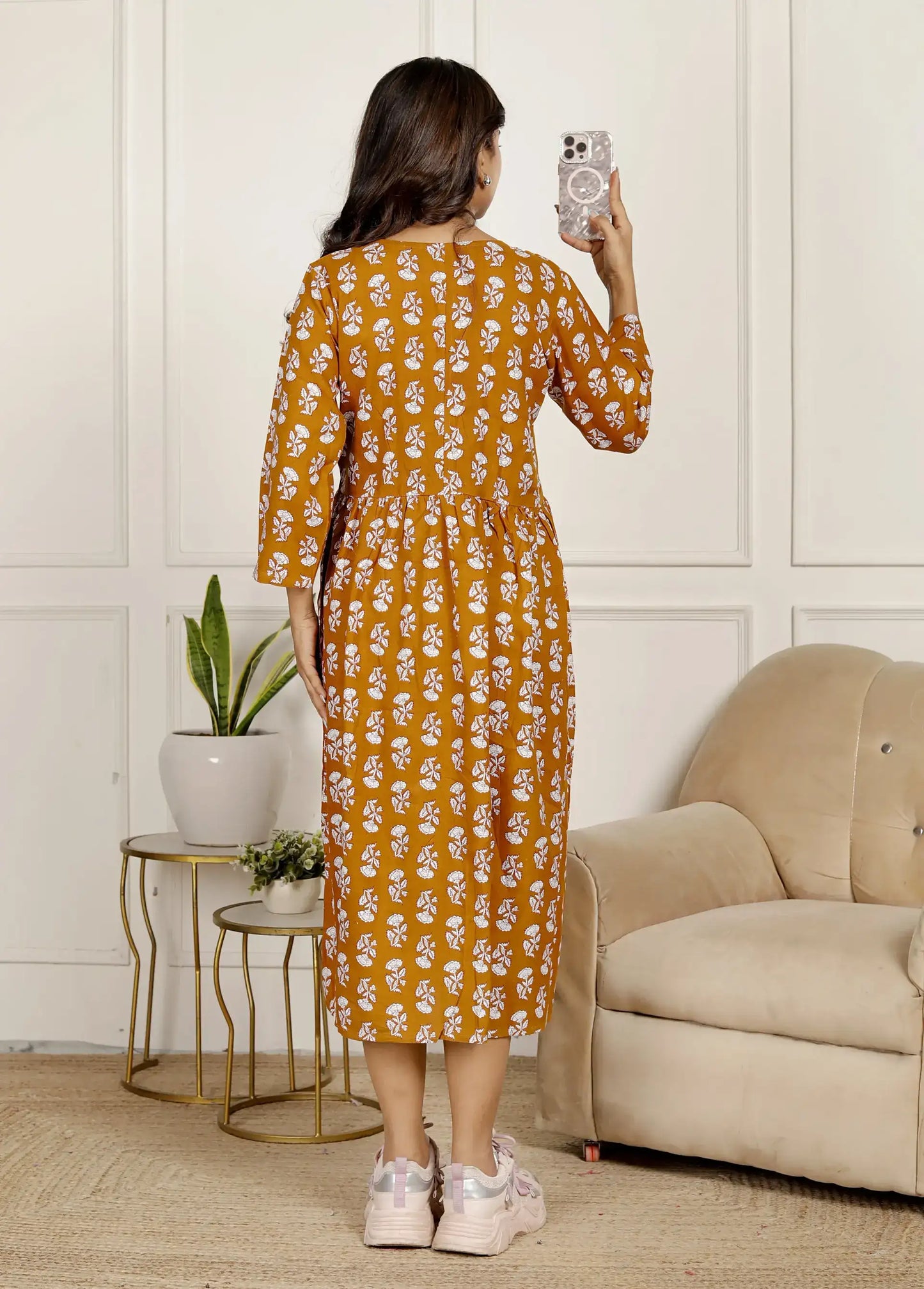 Mustard Yellow Hand-Block Print Fit & Flare Midi Dress with 3/4 Sleeves & V-Neck | Everyday Comfort – Lamenda