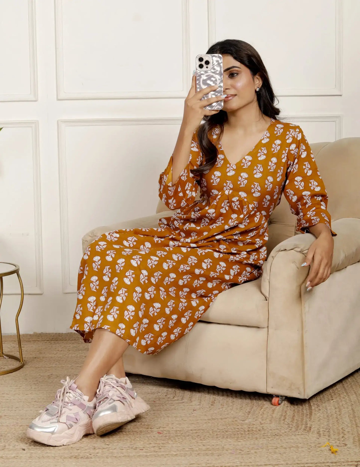 Mustard Yellow Hand-Block Print Fit & Flare Midi Dress with 3/4 Sleeves & V-Neck | Everyday Comfort – Lamenda