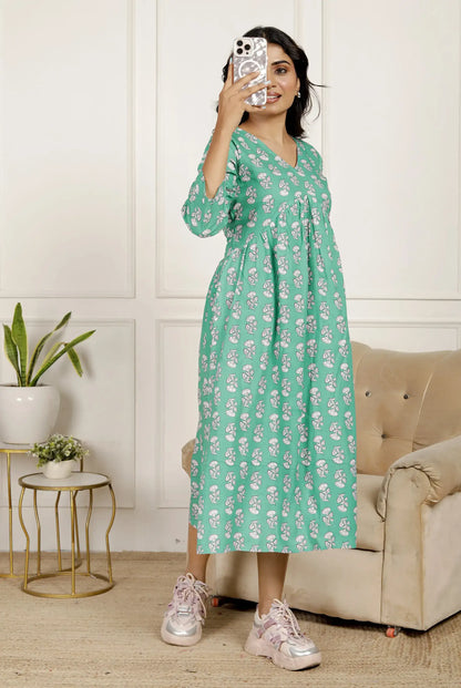 Mint Green Hand-Block Printed Fit & Flare Cotton Midi Dress with 3/4 Sleeves & V-Neck | Breezy Everyday Wear – Lamenda