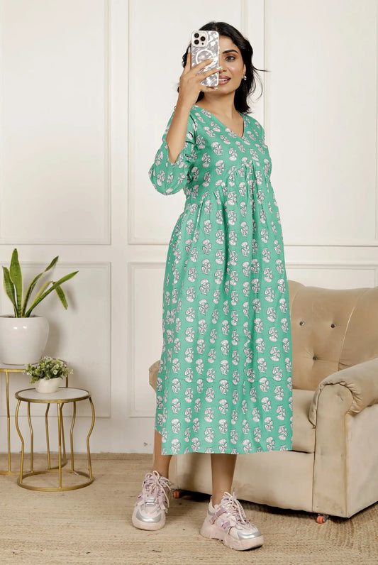 Mint Green Hand-Block Printed Fit & Flare Cotton Midi Dress with 3/4 Sleeves & V-Neck | Breezy Everyday Wear – Lamenda