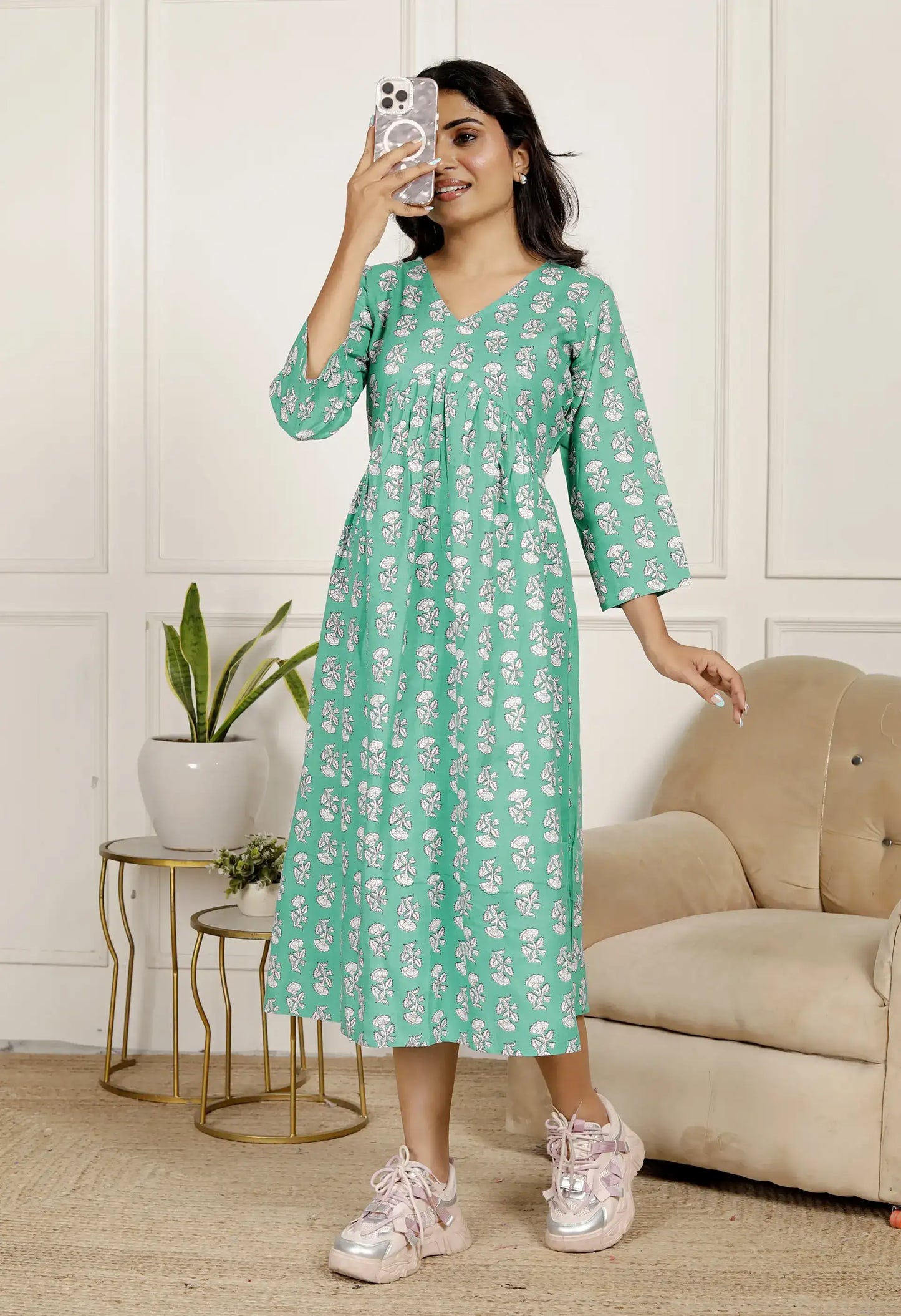 Mint Green Hand-Block Printed Fit & Flare Cotton Midi Dress with 3/4 Sleeves & V-Neck | Breezy Everyday Wear – Lamenda
