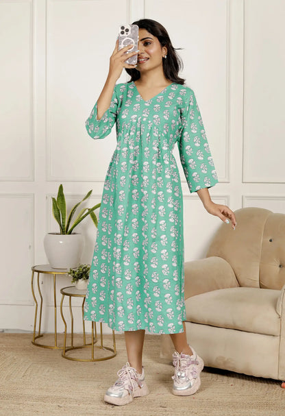 Mint Green Hand-Block Printed Fit & Flare Cotton Midi Dress with 3/4 Sleeves & V-Neck | Breezy Everyday Wear – Lamenda