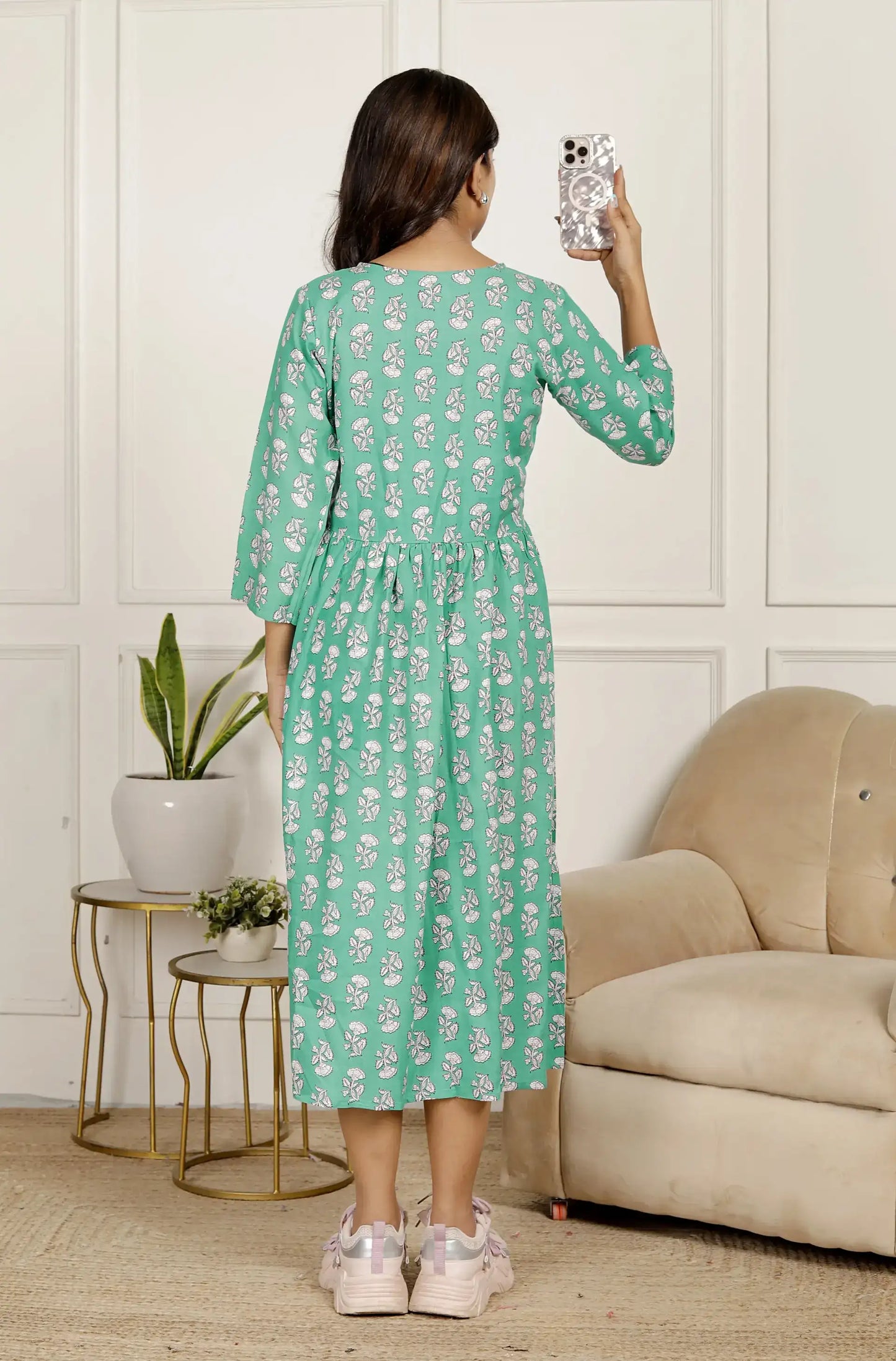 Mint Green Hand-Block Printed Fit & Flare Cotton Midi Dress with 3/4 Sleeves & V-Neck | Breezy Everyday Wear – Lamenda