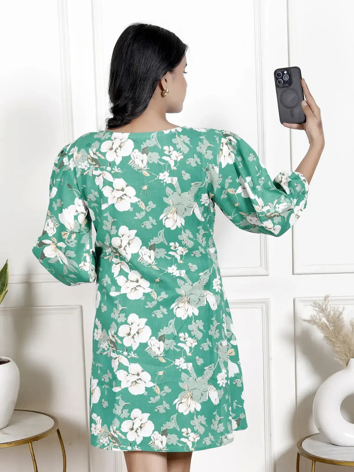 Emerald Green Floral Printed Tunic with Lace Detailing & Puff Sleeves | Short Flared V-Neck Kurti – Lamenda