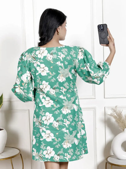 Emerald Green Floral Printed Tunic with Lace Detailing & Puff Sleeves | Short Flared V-Neck Kurti – Lamenda